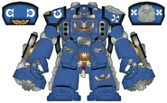 Ultramarines Chapter Brother Calistes. His Centurion warsuit bears his squad number and designation upon the left shoulder guard, while the right shows the suit's number within the squad.