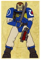 Ultramarines Scout Sergeant armed with a Power Sword and Bolt Pistol