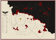 A map of the galaxy during the Era Indomitus after the birth of the Great Rift. This map most clearly shows the divide between the Imperium Sanctus and the Imperium Nihilus where the psychic light of the Emperor's Astronomican was no longer visible.