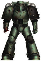 Sons of Horus Loyalist during the Istvaan III Atrocity wearing Mark III Iron Pattern Power Armour; note that this armour is assembled from several patterns and different suits, most likely battlefield scavenged; the former Legion heraldry is largely defaced