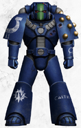 Ultramarines Veteran Sergeant Ivehn Sul of the XIIIth Legion's 4th Chapter ("Aurorans") during the latter years of the Horus Heresy, wearing Mark VI Corvus Power Armour. Note the non-standard iconography of the 4th Chapter, the Auroran Ribbon insignia and use of green to mark Veterans within the Chapter, which would form the foundation of the later Aurora Chapter's colour scheme after the Second Founding.