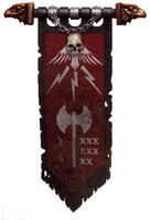 House Ærthegn Honour Banner of the Questoris Knight Magaera Kerberors. Note the distinctive black and red of the Wræken Dreor, and the personal white axe and runic insignia of Chieftess Ædalflae Red-wroth.