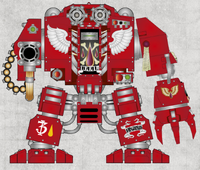 A Blood Angels 2nd Company Dreadnought; Markings on this Dreadnought's right greave show that he is the third Dreadnought brother of the Blooded; on his left greave is a scrollwork design in honour of the Chapter's Primarch Sanguinius.