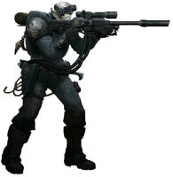 A Scout Marine of the Raven Guard Chapter armed with a modified Sniper Rifle