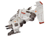 A Stormtalon of the White Scars Chapter armed with a set of twin-linked Assault Cannons and a set of twin-linked Lascannons, left side view