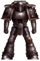 A Terran Veteran of the IVth Legion during the Unification Wars; note the lightning bolts surmounting the head of a bird of prey on the left knee indicating that this Astartes fought in the ranks of the glorious hosts commanded by the Emperor Himself; the meaning of the icon displayed on his right shoulder guard is lost to history, but its use continued when the Primarch Perturabo took command of the IVth Legion