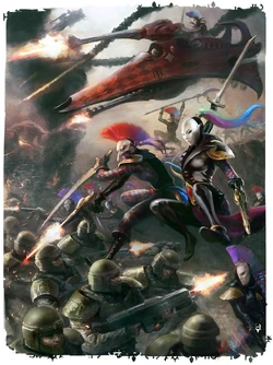 A Starweaver provides support as a Troupe of the Masque of the Midnight Sorrow leap into battle against .