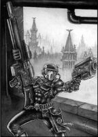 The primary wargear of a Vindicare Assassin, an Exitus Rifle and Exitus Pistol.