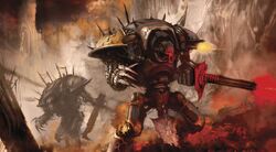 A pair of heavily mutated Abhorrent-class Chaos Knights stride through an inferno of their own making, firing reaping salvoes into the flames to cut down the last surviving enemies scrambling through the wrecked manufactorum.