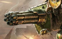 An Avenger Gatling Cannon, its multiple barrels smoking from use