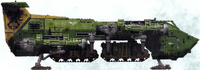 A Thunderhawk Transporter of the Mantis Warriors Space Marine Chapter; this Transporter is carrying two Rhinos