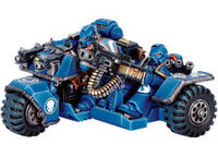 An Ultramarines Attack Bike with sidecar and pintle-mounted Heavy Bolter