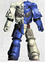 A Novamarines Primaris Space Marine in Mark X Tacticus Power Armour; note that the Novamarines do not use company markings