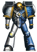 Veteran Sergeant Domitian, of the 1st Company Vanguard Assault Squad wearing Mark VII Aquila Artificer Armour and a Jump Pack.