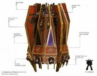 Technical Specifications of the Dreadclaw, with a Chaos Space Marine nearby to show a size comparison