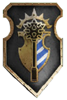 Warlord-class Titan Fortiter Bellator's livery shield displaying the livery of the Legio Astraman.