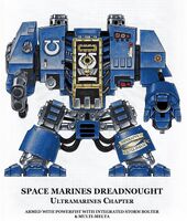 A Dreadnought of the Ultramarines Chapter armed with a Multi-Melta and Dreadnought Close Combat Weapon with integrated Storm Bolter.