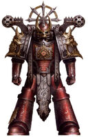 A Word Bearers Diabolist wearing corrupted, artificer wrought Mk IV "Maximus" Power Armour. Armour bears Colchisian runes, strange icons and primitive fetishes