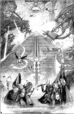 An older depiction of the Golden Throne with idealised Imperial imagery, including the  of the  and a .