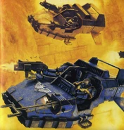 An Ultramarines Land Speeder squadron in combat.