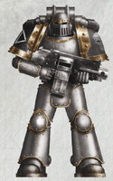 Endion the Warpcutter, Fifth Blade of the Medrenguardians, wearing Pre-Heresy Mark III Iron Power Armour and wielding an archaic pattern Bolter