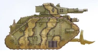 A Leman Russ Annihilator of the 19th Catachan Regiment, the "Scorpion's Fangs"; this particular vehicle is equipped with a dozer blade to help clear debris