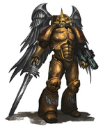 Brother Donotriel, a Sanguinary Guard of the Blood Angels Chapter wearing their trademarked winged Jump Pack. This modified version of the standard Astartes Jump Pack is designed to emulate their Primarch Sanguinius' own angelic wings.