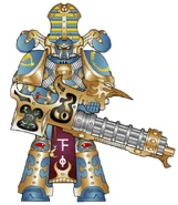 A Thousand Sons Heretic Astartes bearing Soulreaper Cannon; Brother Yroru's firepower is blessed by the Mark of Tzeentch worked into his weapon's housing