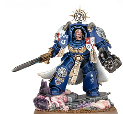 A Primaris captain of the   in  wielding a  and .