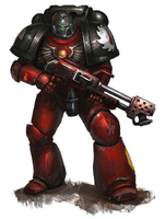 A Flesh Tearers Tactical Marine armed with a Flamer.
