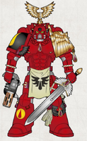 Blood Angels 2nd Company Champion wearing Artificer Armour; note that he bears additional decoration on his left shoulder pauldron and on top of his power pack, denoting his elite status.