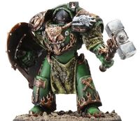 A Pre-Heresy era Salamanders Legion Firedrake Master in Cataphractii Pattern Terminator Armour, armed with a Dragonscale Pattern Storm Shield and Master-Crafted Thunder Hammer