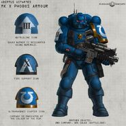 A Vanguard Infiltrator of the Ultramarines in Mark X Phobos Power Armour.