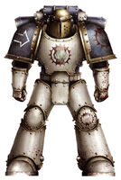 Pre-Heresy World Eaters Veteran Tactical Legionary; note the Mark III Iron Pattern Power Armour which is older Legion-issue, with modified helm (brazen colouration denoting Veteran status) and several versions of the Legion symbol adorning the armour denoting long service.