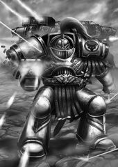 A Luna Wolves Terminator wearing the Pre-Heresy Cataphractii Pattern Terminator Armour worn by Luna Wolves Legionaries