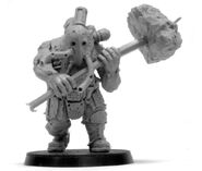 A Vraksian Traitor Militia Ogryn Berserker arned with a torn out street post.