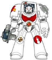 White Scars Terminator, Brother Oglai, 5th Squad, 1st Company. White Scars Terminators often forgo the red helms of Veterans -- their bulky armour is evidence enough