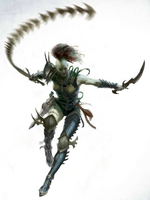 A Dark Eldar Wych of the Cult of Strife, armed with a Razorflail and a Venom Blade