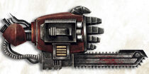 One of Amit's Chainfists with integrated Storm Bolter, taken from a fallen Blood Angels veteran that died by Sanguinius's side.