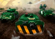 A Vindicator siege tank, Predator Destructor battle tank and Whirlwind artillery tank of the Dark Angels Chapter
