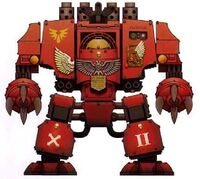 Blood Angels Mars Pattern Mark IV Furioso Dreadnought, Brother Faustus, who is armed with twin Blood Talons and two torso-mounted Storm Bolters