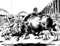 An Imperial illistration of Feral Orks trying to domesticate their captured Warboars