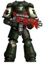 A Blades of Vengeance Primaris Space Marine, Brother Emanz, 5th Company, 2nd Squad (Battleline) in Mark X Tacticus Power Armour.
