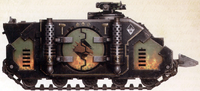 An ancient pict-capture of a Deimos Rhino of the Salamanders Legion, side-view.