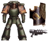 A Salamanders Legion Breacher Legionary, Shendrak Nal'kor, Breacher Squad Ar'vak, 17th Line Company. Note: Atticus Pattern Boarding Shield forged with his Legion's customary superior workshmanship and quality.