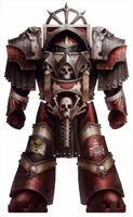 A Word Bearers Legionary wearing Cataphractii Pattern Terminator Armour of the Osseous Throne Chapter.