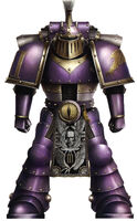 Decanus Grythan Thorn, former Equerry of the Primarch Fulgrim who was slain during the early stages of the Istvaan III Atrocity; Decanus Thorn is wearing Mark II Crusade Pattern Power Armour; note the Eye of Horus emblem denotes service with the Warmaster Horus and possible Warrior Lodge involvement