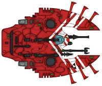 Dorsal view of a Saim-Hann Wave Serpent. Note the bold squadron designs, such as chevrons and numerical markings, on the grav-tank's hull.