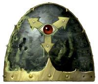 The iconography displayed by the Bringers of Decay Chaos Space Marines within the Black Legion; note the combination of the heretical symbols of both Nurgle and the Black Legion's own Eye of Horus