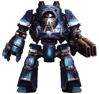 An Alpha Legion Contemptor Dreadnought armed with a Dreadnought Close Combat Weapon and a rare, twin-linked Volkite Colverin